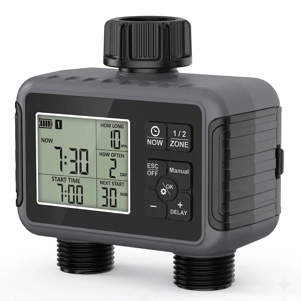 Rainproof Irrigation Controller with Rain Sensor Programmable Dual Outlet Water Hose Timer for Automatic Garden Watering System