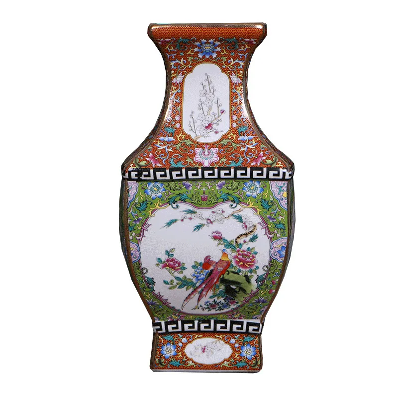 Ceramic Vase Antique Imitation Chinese Style Porcelain Decoration Crafts Enamel Square Vase with Design of Flowers and Birds