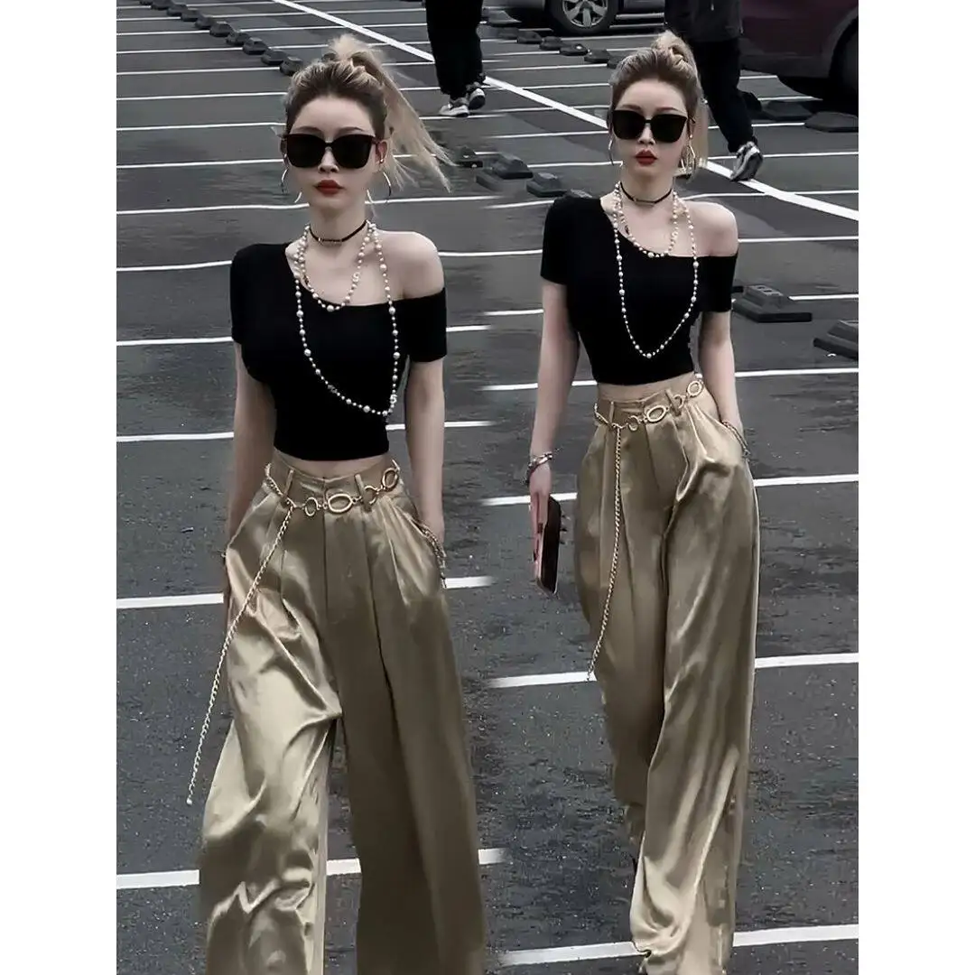 

Stylish Temperament Set for Women in 2026 Summer Slim Fit and Slimming Sloping Shoulder Top Wide Leg Pants Two-piece Set
