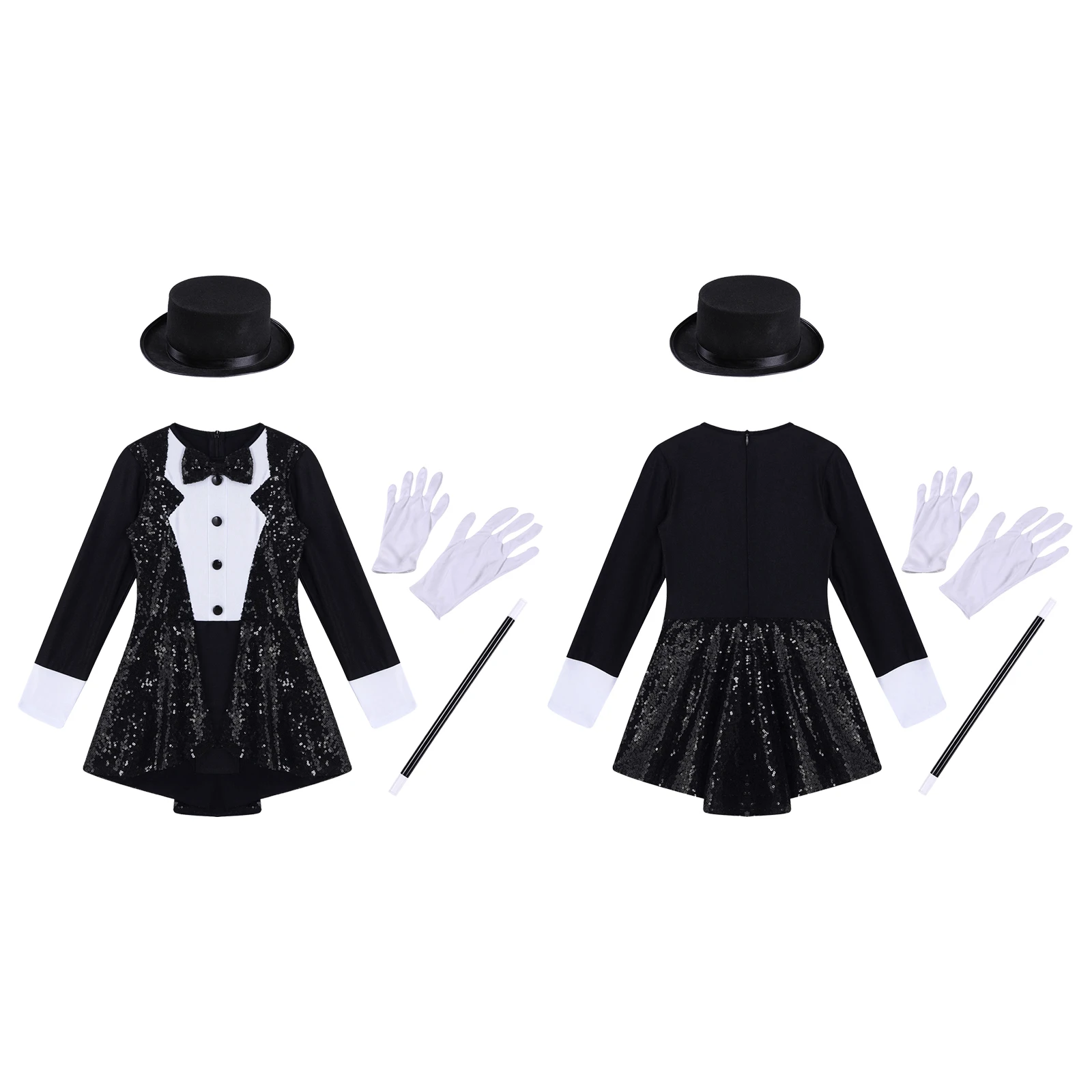 Girls Magician Costumes Sets Long Sleeve Tie Back Leotard with Hat Magic Wand Gloves for New Year Halloween Cosplay Performance