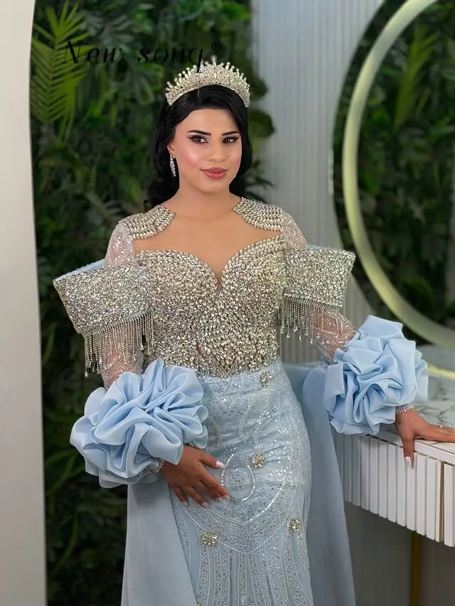 

Light Blue Full Crystals Bodice Wedding Evening Dresses Saudi Arabia Turkey Two Pieces Formal Overskirts Prom Gowns Customized