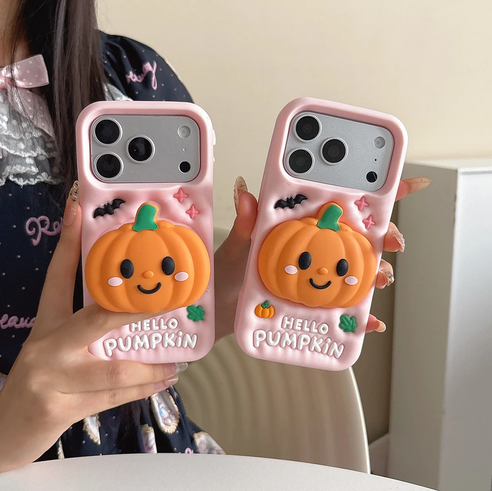 Niedliche 3D-Halloween-Kürbis-Handyhülle aus weichem Silikon für iPhone 18, 17, 16 Pro Max, stoßfest, mit integriertem Ständer, Schutzhülle. – Detail 8