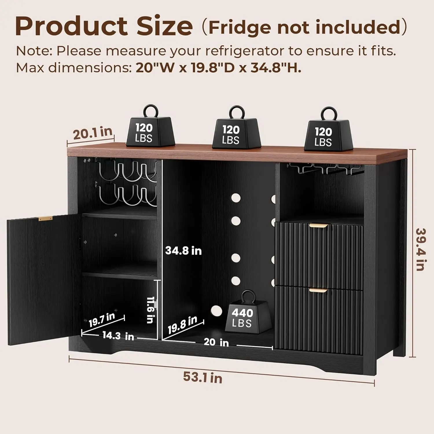 Coffee Bar Cabinet with Fridge Space, 53" L Kitchen Wine Cabinets with Storage Drawer, Wood Buffet Sideboard Tables, Customized
