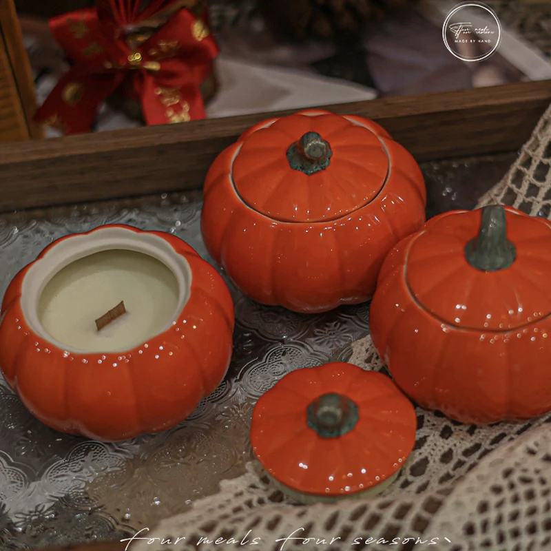 

Handmade Ceramic Pumpkin Jar Wooden Candle Wick Scented Candle Soy Wax Halloween New Year Gift Home Holiday Party Decoration