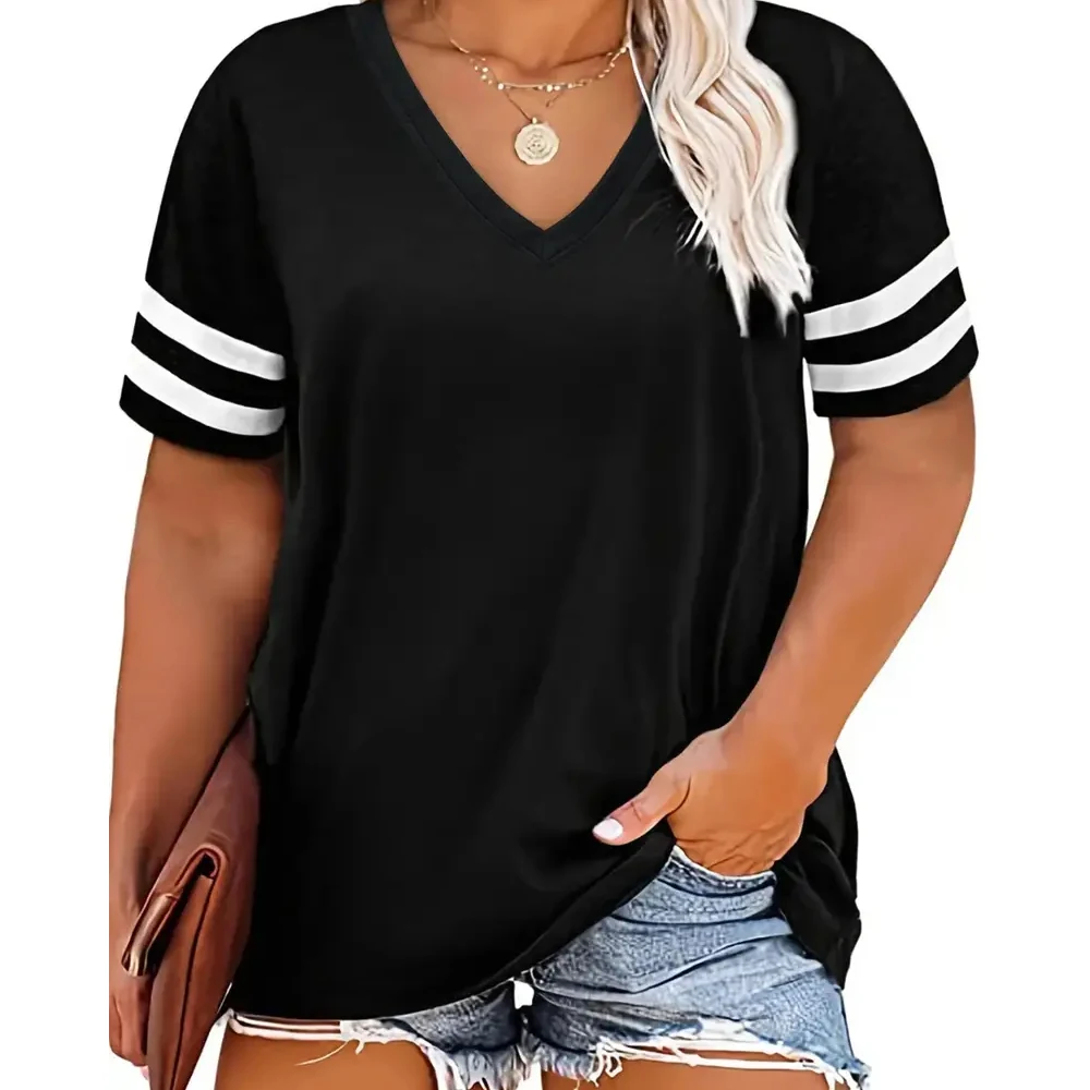 Women\'s V-Neck Short-Sleeved T-shirt, Color Combination, Large Size, Loose, Casual, Comfortable Stripes, Thin Shirt, Summer, New