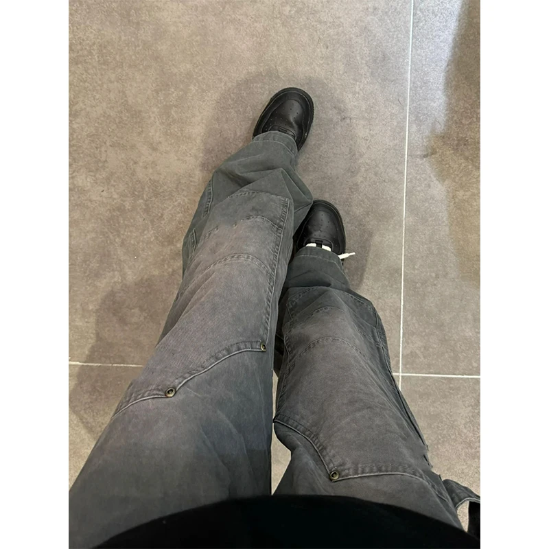 

ey Rivet Denim Pants Loose Wide Leg Vintage Sle Men's Faionable Working Clothes Straight Cut Long Trousers