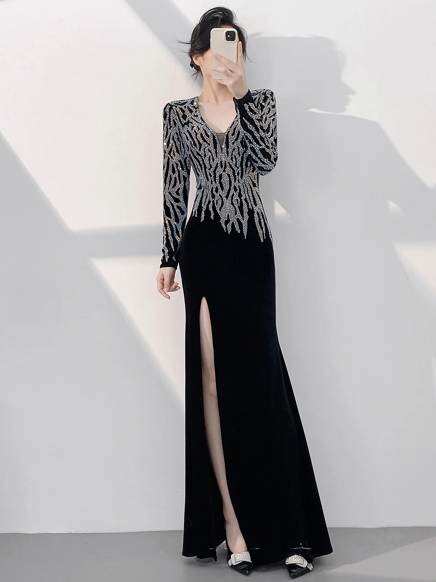 

Вечернее платье Ele Bla с длинными рукавами и боковым разрезом для женщин, с завышенной талией, фасон «рыбий хвост», для важных мероприятий и церемоний.