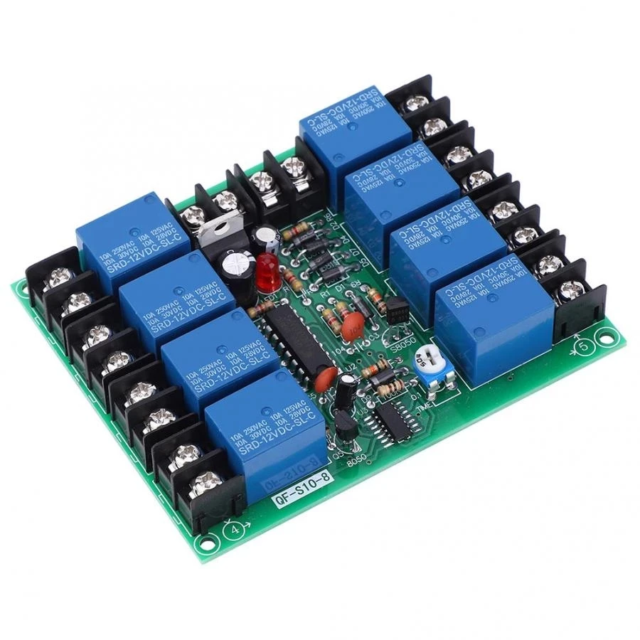 8 canais placa de seqüência de tempo de energia 0.2-4s ajustável módulo controlador sequencial placa de seqüência de tempo de energia