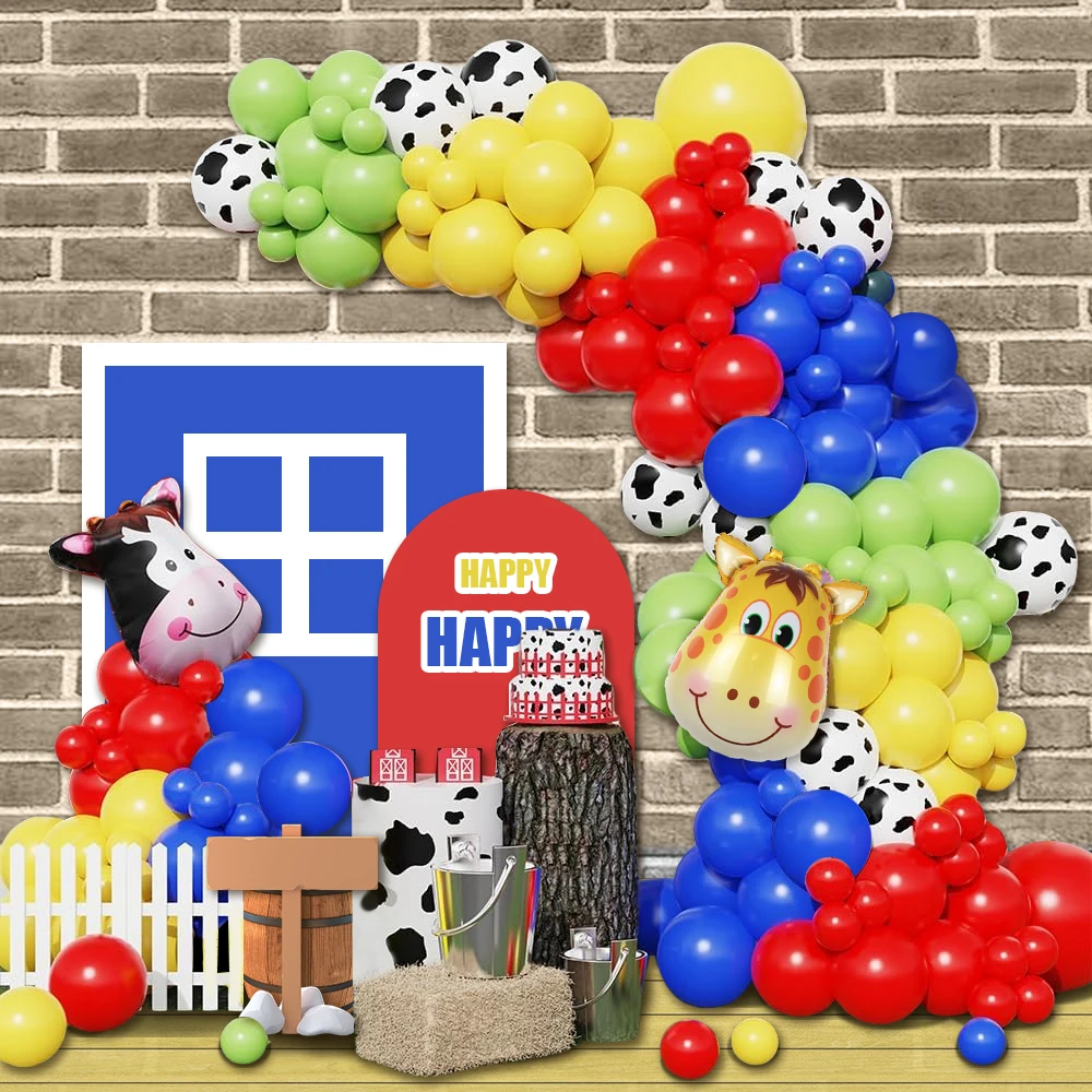 115-teiliges Kuhballon-Bogen-Girlanden-Set, Bauernhoftier-Party-Dekoration, Rot, Gelb, Blau, Grün, Tierdruck, Ballon, geeignet für Bauernhaus, Scheune, Geburtstag, Western-Cowboy-Dusche, Partyzubehör