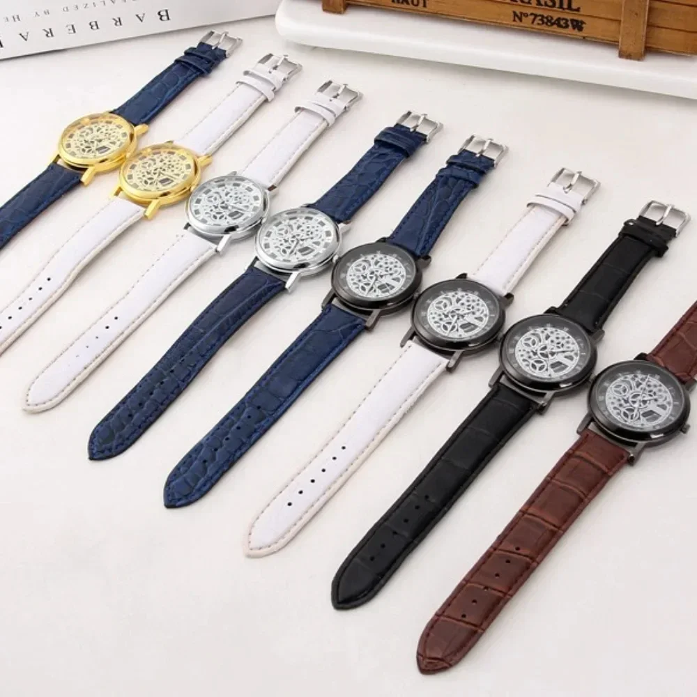 Fashion Skeleton Men's Watches Quartz Leather Bracelet Strap Wristwatch Reloj Unisex Business Watches Gifts Wholesale Available