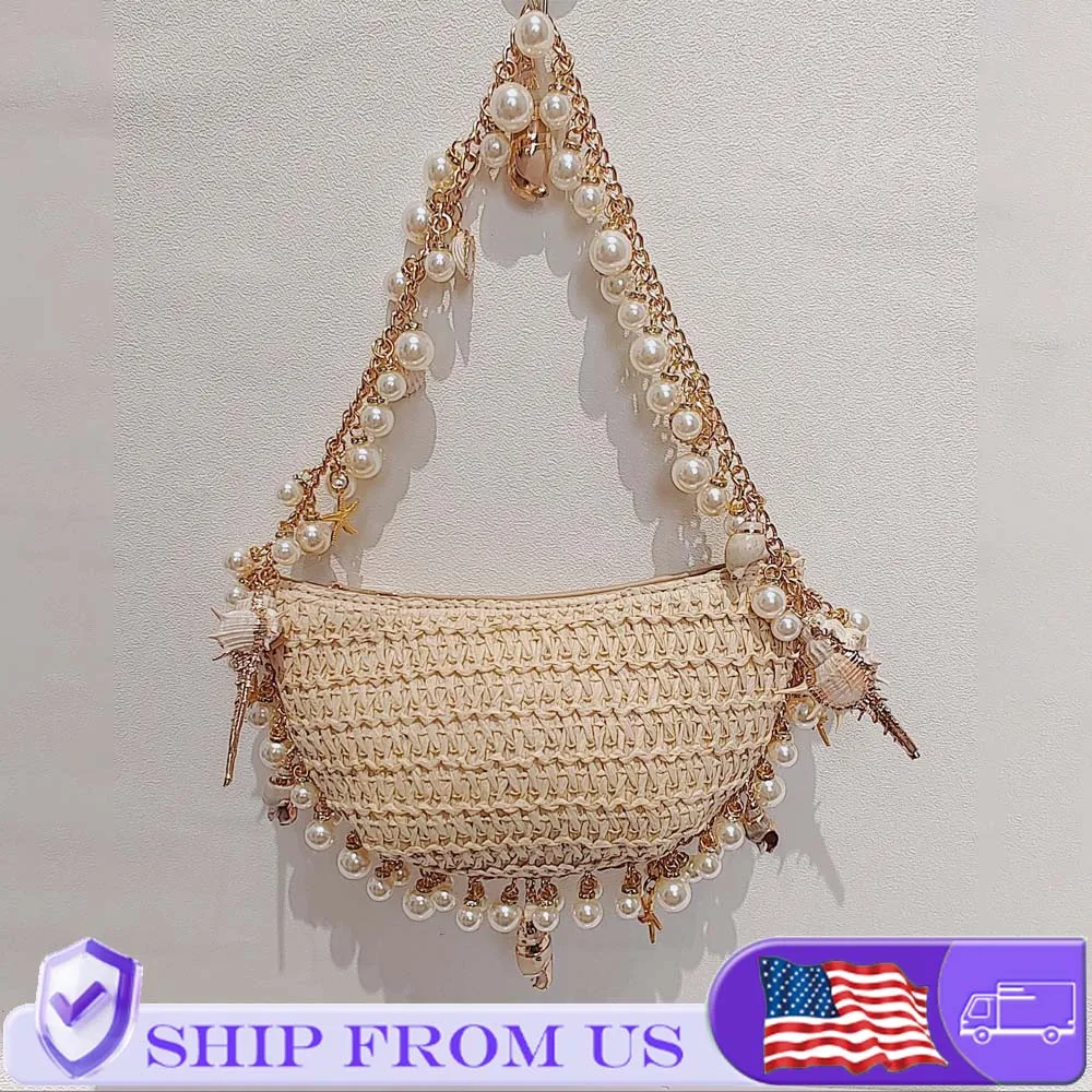 

Handmade Pearl Conch Straw Woven Bag For Women Summer Holiday Beach Wrapped Handbags Ladies Handheld Crossbody Bags Totes Hobos