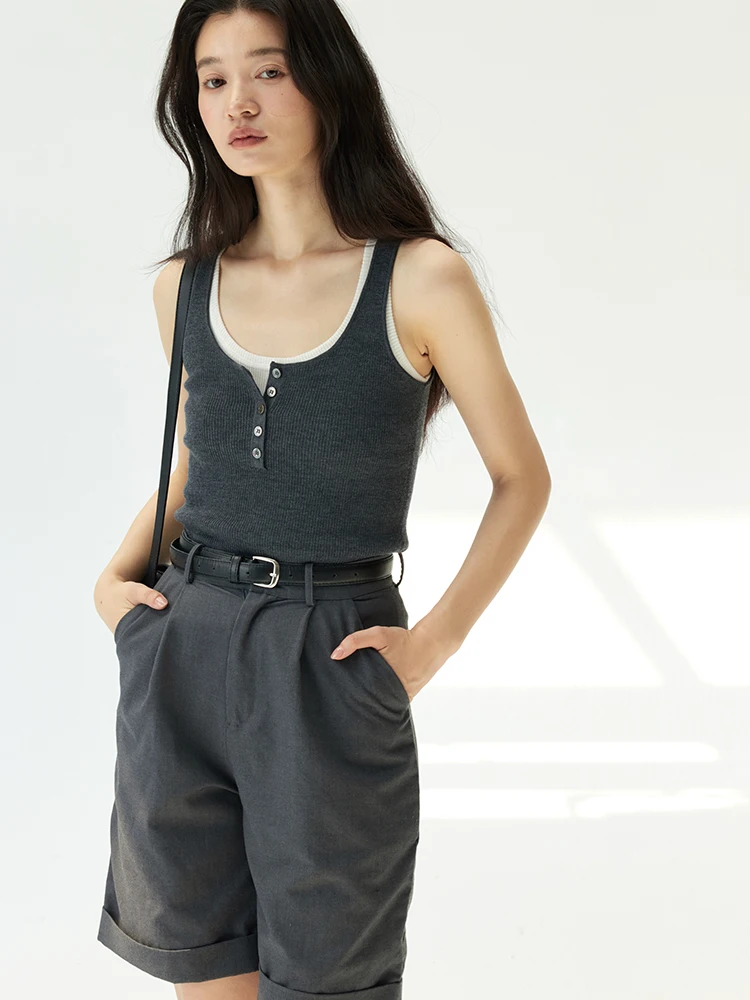 

Ele Simple BiellaYarn, шелковый шерстяной 6-игольный жилет с ремешком U-Ne Генри, топ, модный облегающий жилет для поездок на работу, китайское производство