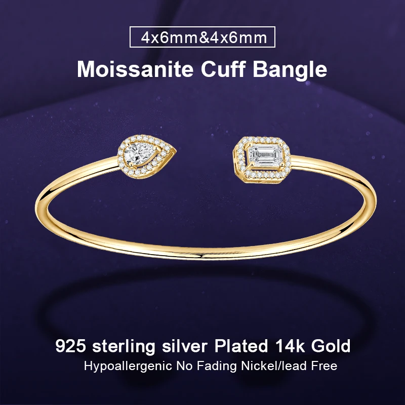 

IOGOU 0.8ct & 0.5ct Moissanite Bangle Cuffs for Women 925 Silver Opening Cuff Bracelets Pear Cut Emerald Cut Lab Diamong Jewelry