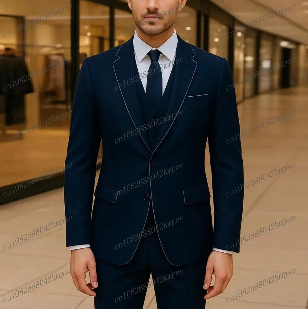 

New Navy Blue Formal Occasion Men Suit Groom Groomsman Wedding Party Prom Business Male Tuxedos 3 Piece Set Blazer Vest Pant