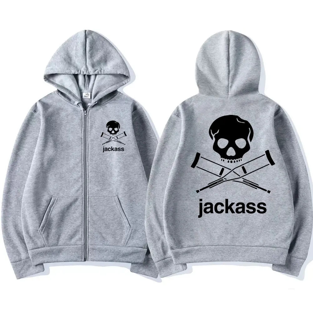 Jackass Logo Grafische Gedrukt Zwart Zip Hoodie Klassieke Vintage Sweater Jas Mannen Vrouwen Oversized Casual Losse Cardigan Truien