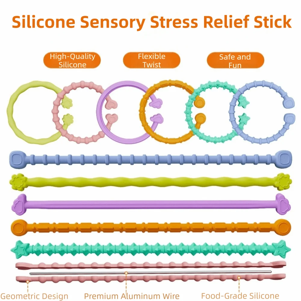 Anel sensorial de silicone para ponta do dedo, 6 peças, ajuda educacional de foco, brinquedos calmantes, alívio de pressão sem odor, bastões flexíveis para crianças