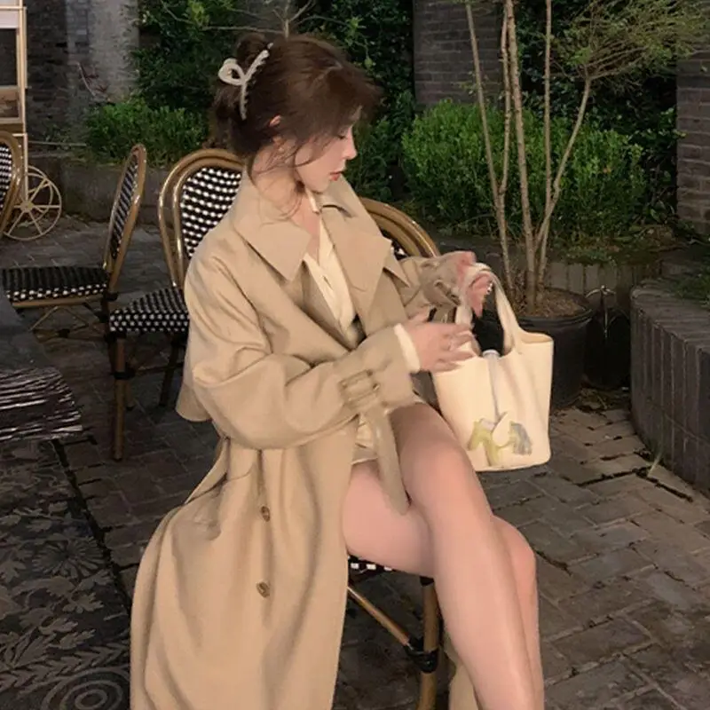 Autumn Winter Long Trench Coat Women's Lace Up Oversized Full Sleeve Windproof Raincoat Daily Lady Elegant Outerwear Street Wear