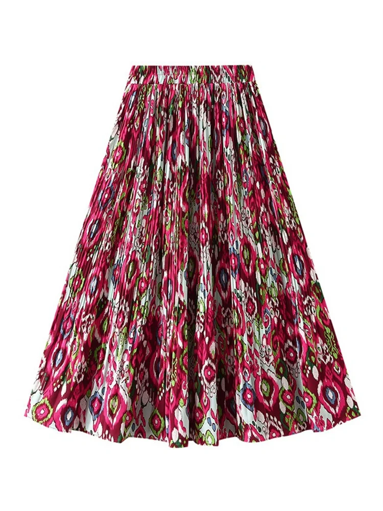 2025 Sweet High Elastic Waist Floral Print A-line Boho Cotton Long Skirts Elegant Autumn Vintage Casual Midi Pleated Skirt Women