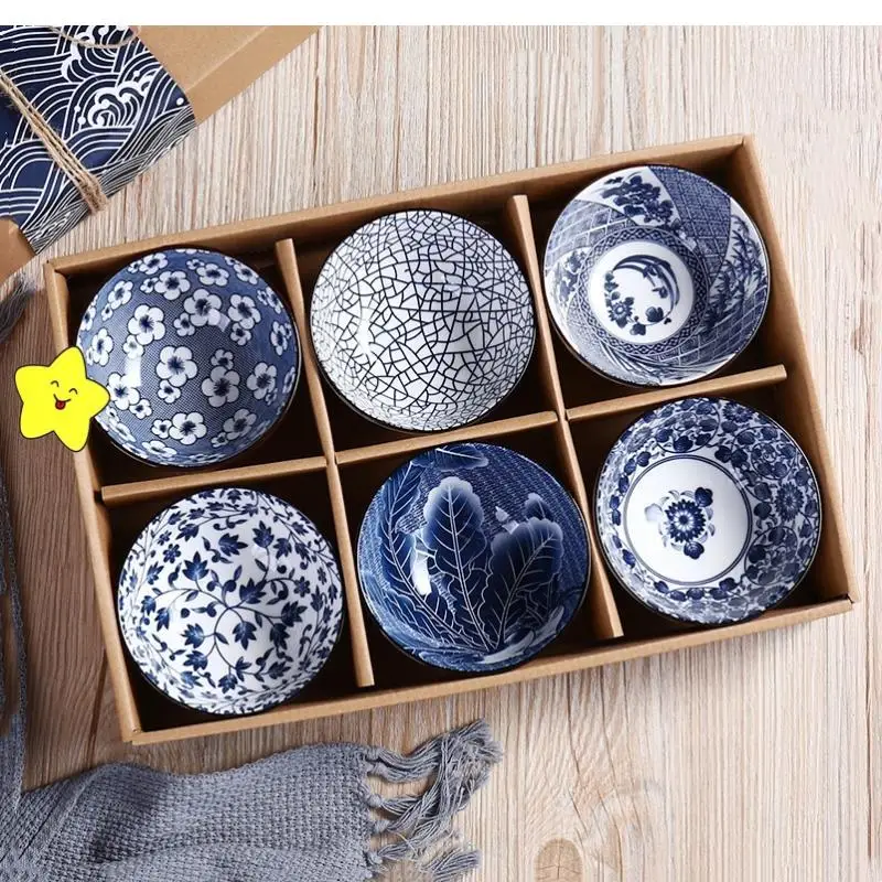 4.5 Inch Bowl, Blue and White Porcelain, Ceramic Rice Bowl Set, Kitchen Tableware, Appetizer Dessert Gift Box