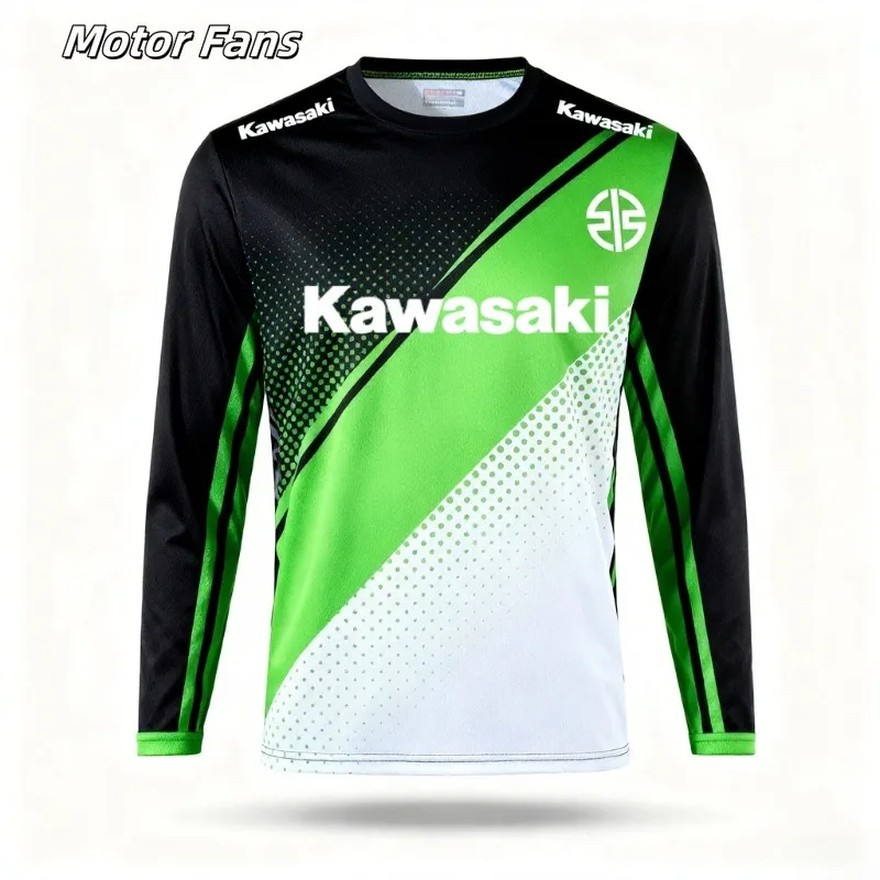 

Moto Fans Kawasaki Long - Sleeve Jersey, with green and black design, featuring the Kawasaki logo, ideal for motorcycle fans