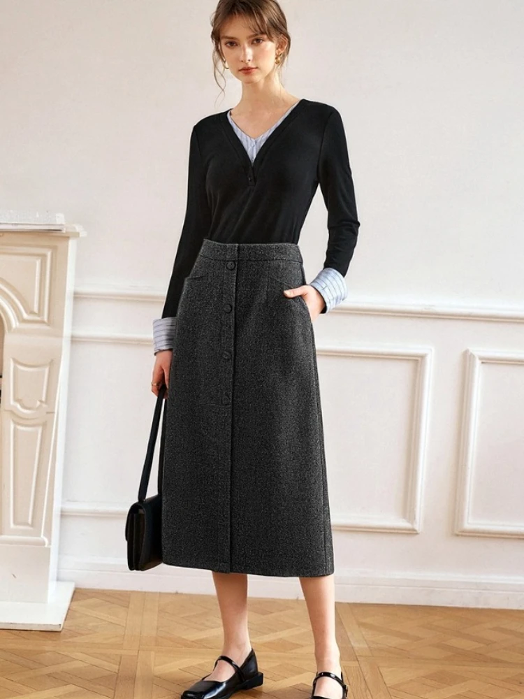 กระโปรงทรงตรงผู้หญิง OLrain รุ่นใหม่ประจำฤดูใบไม้ร่วงปี 2025 กระโปรงทรงหลวมแบบเรียบง่าย มีกระเป๋า สไตล์ฝรั่งเศส เสื้อผ้าผู้หญิงสำหรับใส่ทำงาน รุ่น O57DB95565
