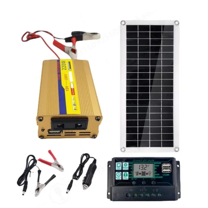 Solar Power Generation Kit 10A Charge Controller 10‑30W Solar Panel 200W Inverter System Accessories