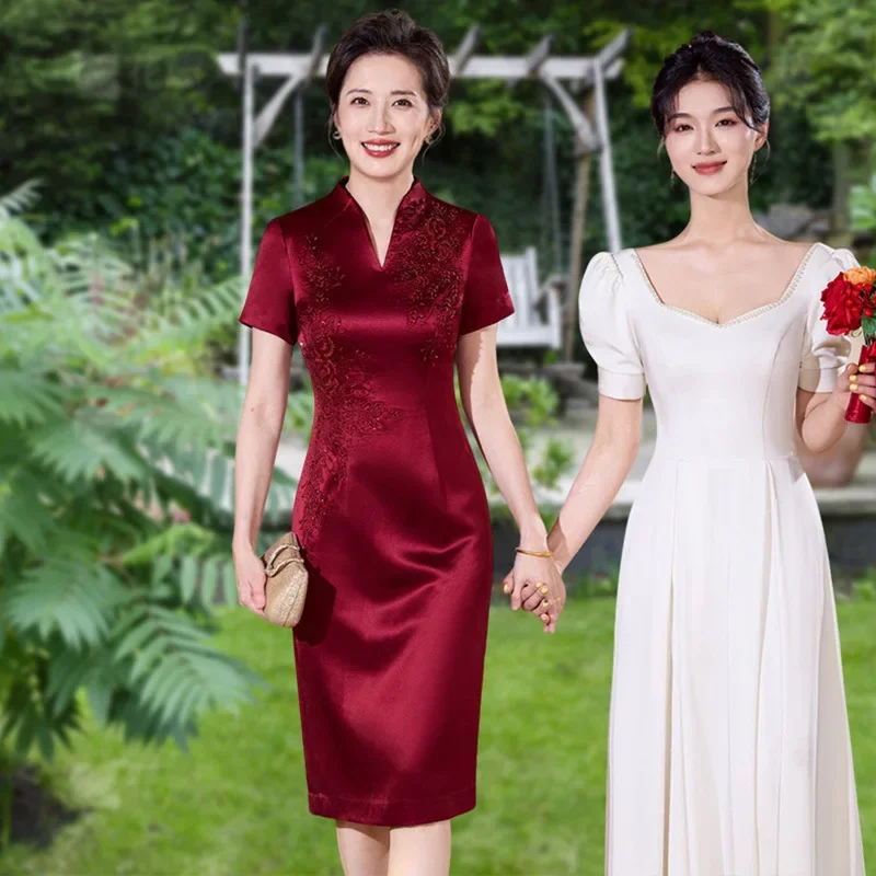 Mid-length summer dress, short sleeve, satin, Chinese style cheongsam, wedding, mother of the bride, evening dress