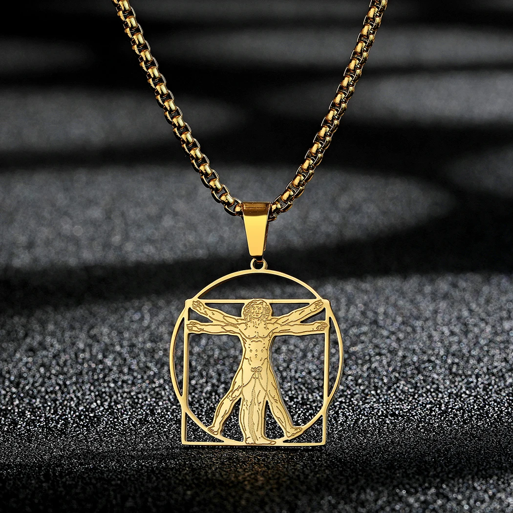 CHENGXUN Leonardo Da Vinci Vitruvian Pendant Necklace for Men Women Stainless Steel Hollow Amulet Disc Charm Chain Jewelry Gift