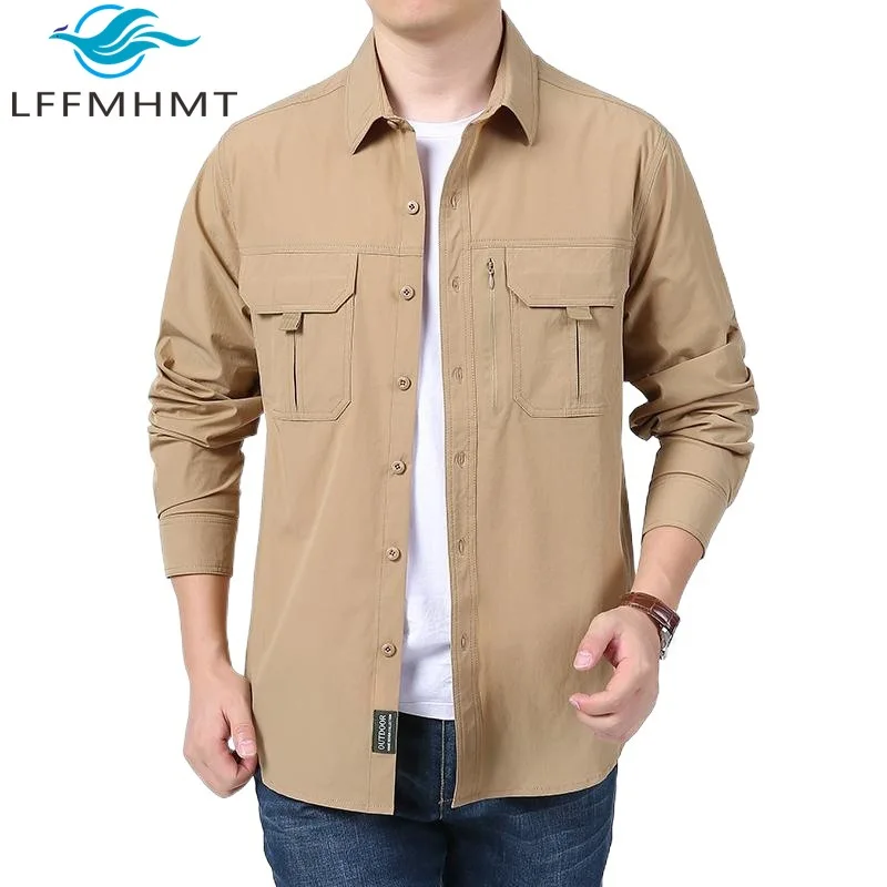 

Spring Autumn Fashion Cargo Shirt for Men Good Quality Lightweight Solid Color Long Sleeve Multi-pocket Loose Casual Blouse Tops