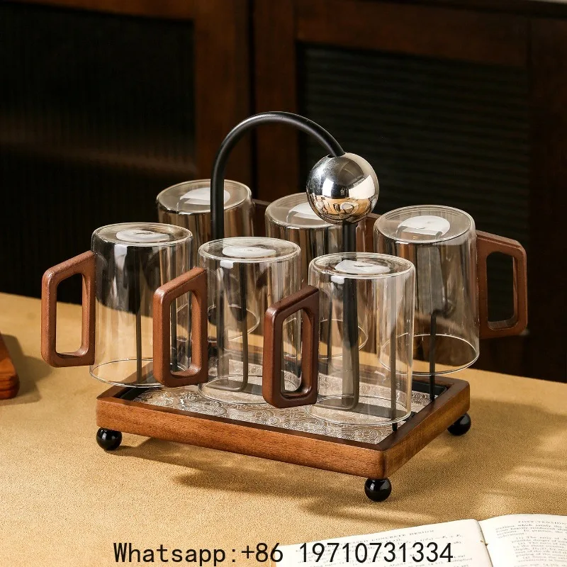 

Walnut glass set Household hospitality teacup High temperature resistant high borosilicate with cup holder Drain holder