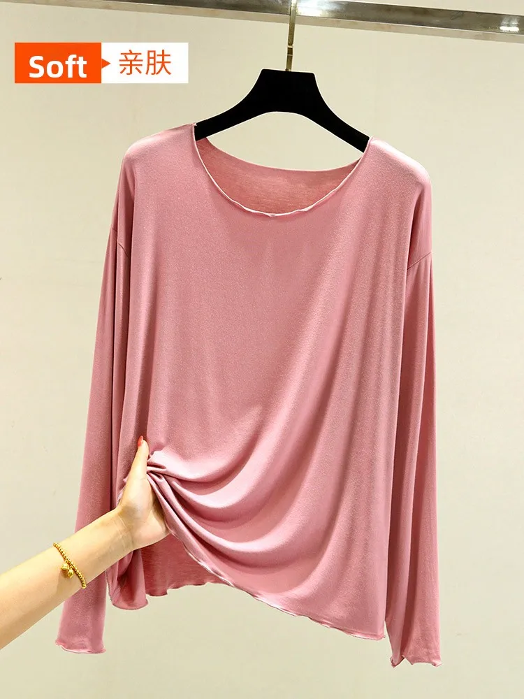 Lose Casual Modal Spitze Basis irt frauen Dünne Lange Sve Top plus Größe Abnehmen Lose Fit T-shirt Herbst reine Farbe