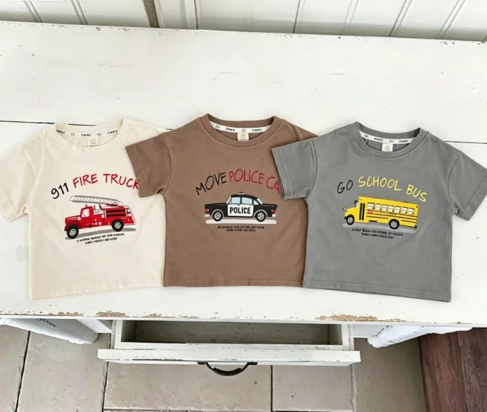 Toddler Vehicle Print Tee Boys Girls Summer Cotton T Shirt With Fire Truck Police Car And School Bus Graphics Baby Thin Kid Tees