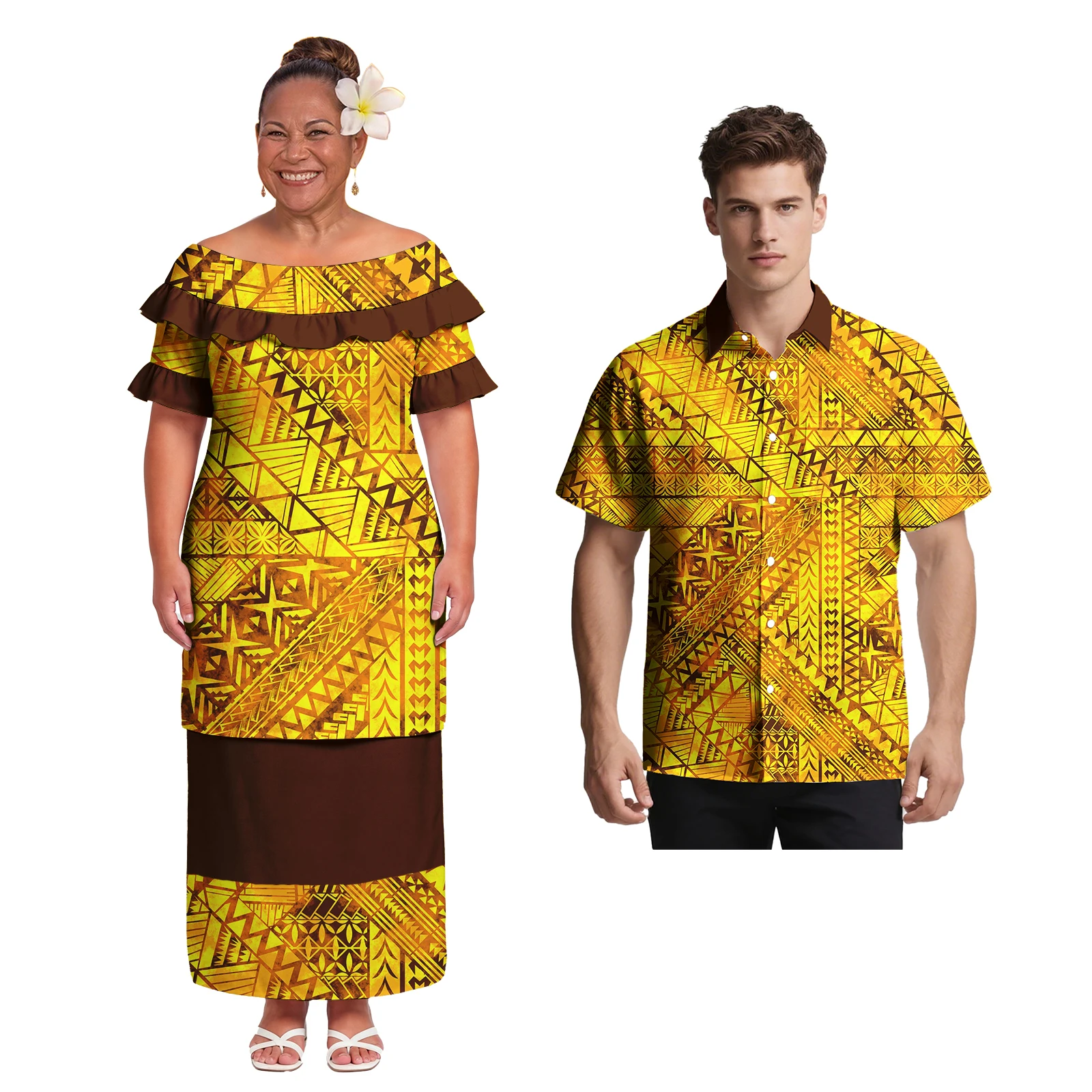 Factory Price Couple Clothes Custom Casual Men Polynesian Style Shirts Elegant Ladies Samoan Puletasi Sweet Couple Match Outfits