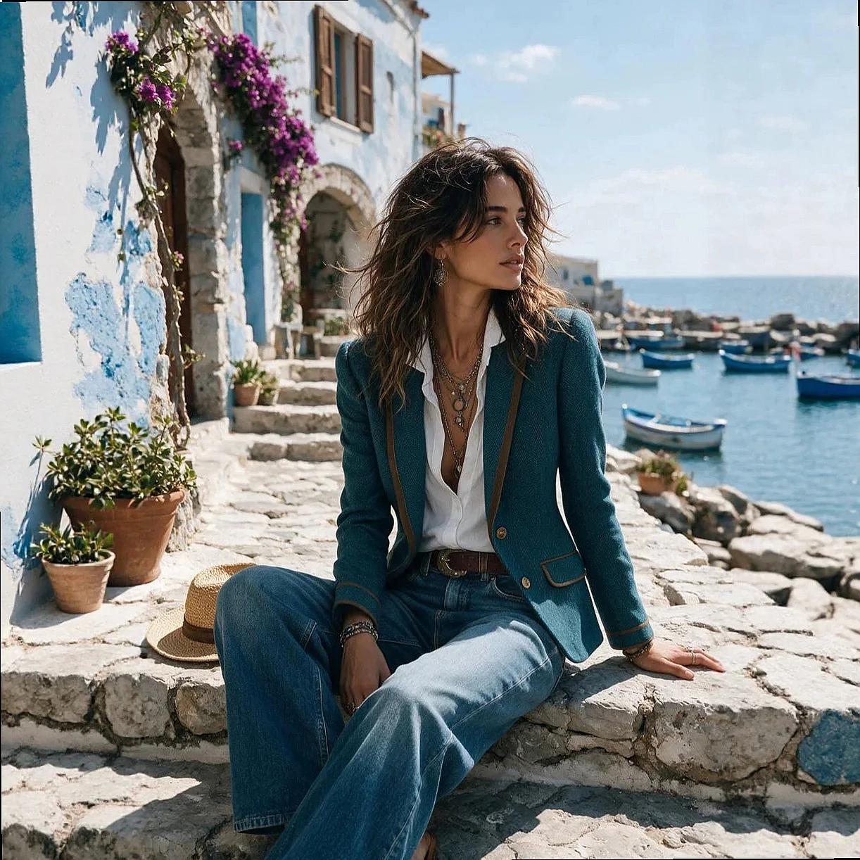 Peacock Blue Herringbone Blazer Women Slim Fit Contrast Trim Tweed Spring Summer
