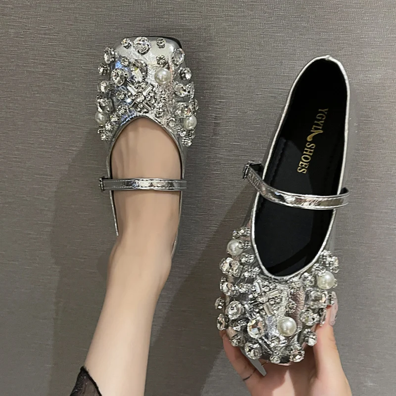 Crystal Bead Flats Women Mary Janes Shoes Luxury Shallow Designer Sandals Autumn 2024 New Shoes Dress Party Zapatillas Ladies