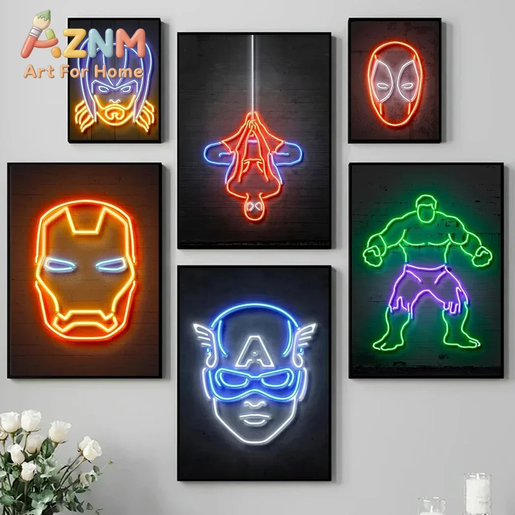 AZNM Neon Style Superhero Canvas Wall Art Frameless Poster Spider-Man Iron Man Thor Captain America Wolverine Print Room Decor