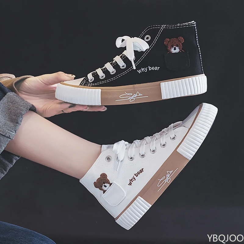 

Весенне-осенняя модная новая женская парусиновая обувь с высоким берцем и медвежонком, повседневная универсальная дизайнерская вулканизированная обувь на плоской подошве