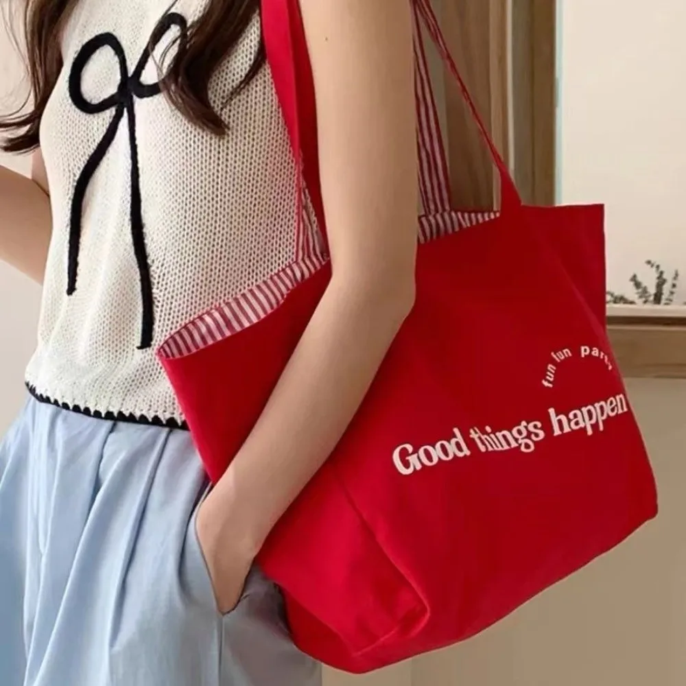 

Red Letter Canvas Shoulder Bags Available Striped Double-sided Women Tote Bag Large Capacity Casual Style Letter Shoulder Bag