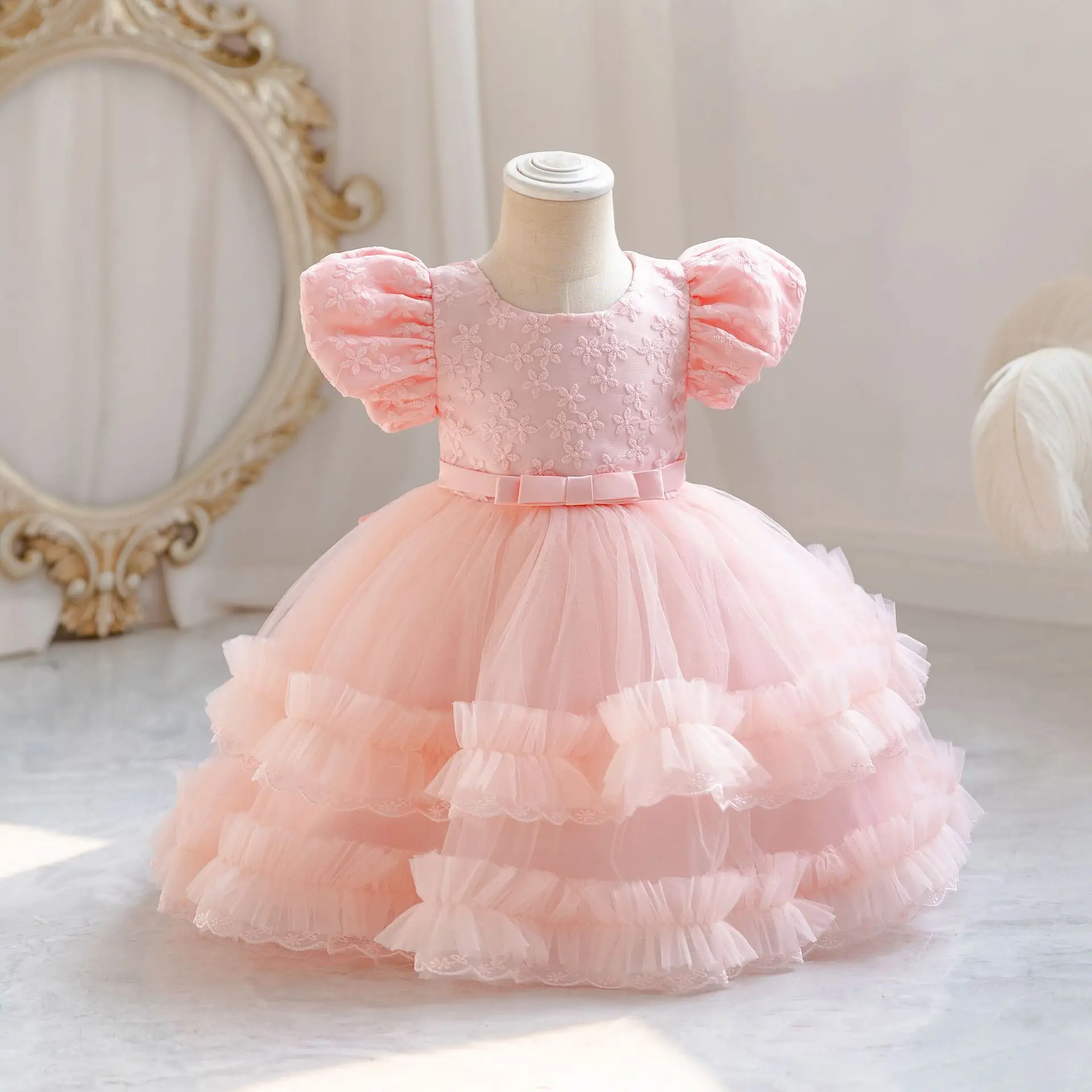 Baby Toddler Puff Sleeves 3D Flower Girl Birthday Party Pageant Dance Party Tutu Dress