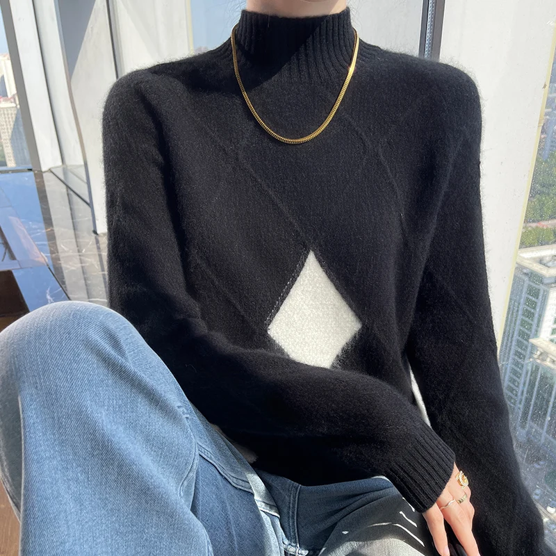 Winter new women\'s sweater 100% pure sweater thick turtleneck pullover color matching diamond cashmere sweater top.