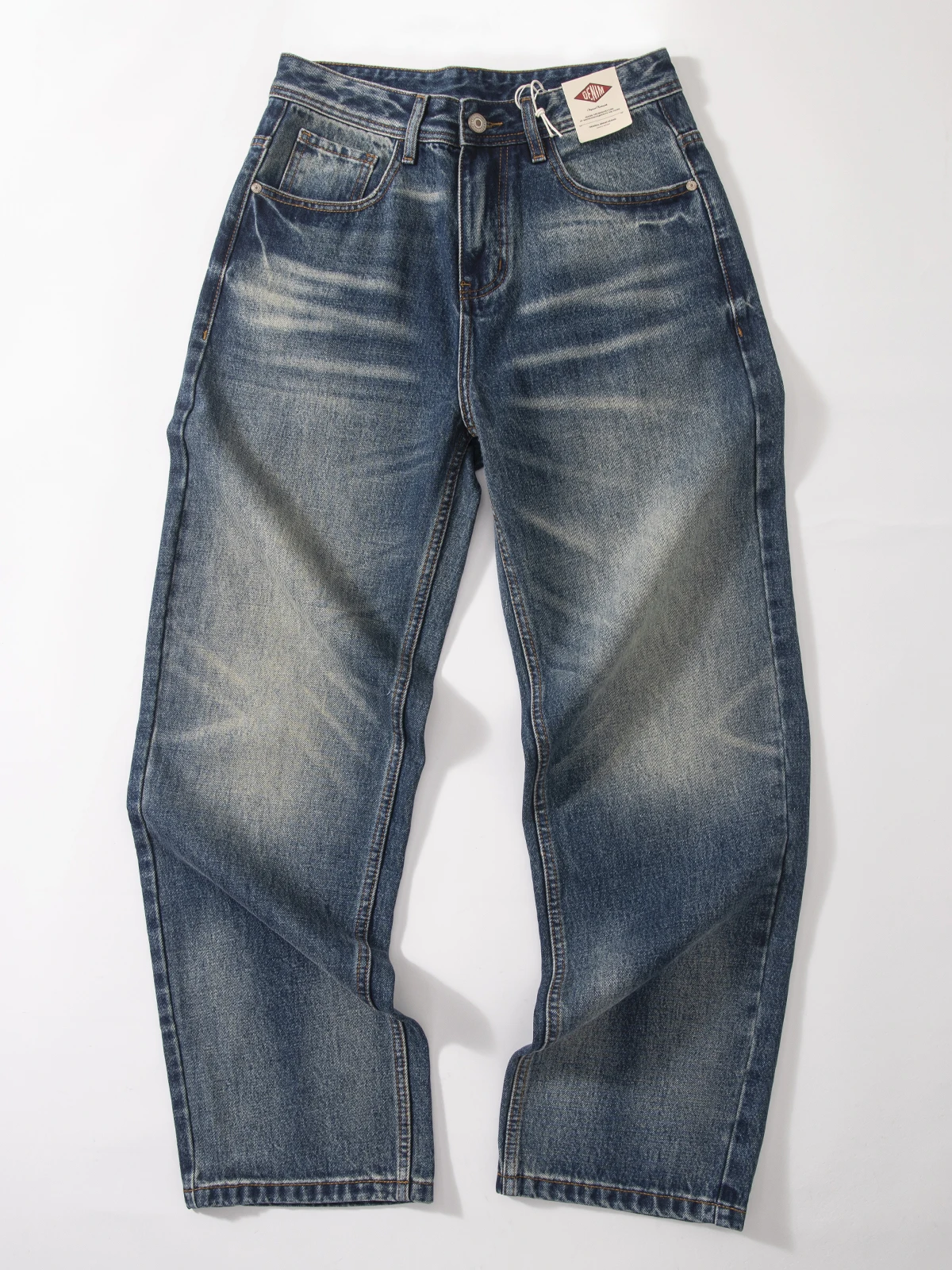 

Retro Distred Loose Fit Straight Leg Workwear Jeans Men's Casual Cotton Denim Pants Fall Season New Sle Detail