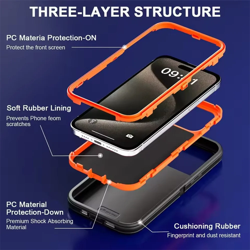 3-in-1 Defend Handyhülle für iPhone 16 17 16E 15 14 Plus 13 12 11 Pro Max Mini Original Robuste Stoßfeste Hybrid-Schutzhülle – Detail 3