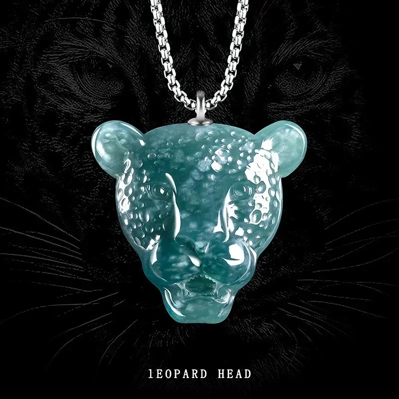 

Hand-carved 925 Silver Inlaid with Natural Jade Blue Water Leopard Heand Necklace Pendant Men Women Couple Amulet Jewellery Gift