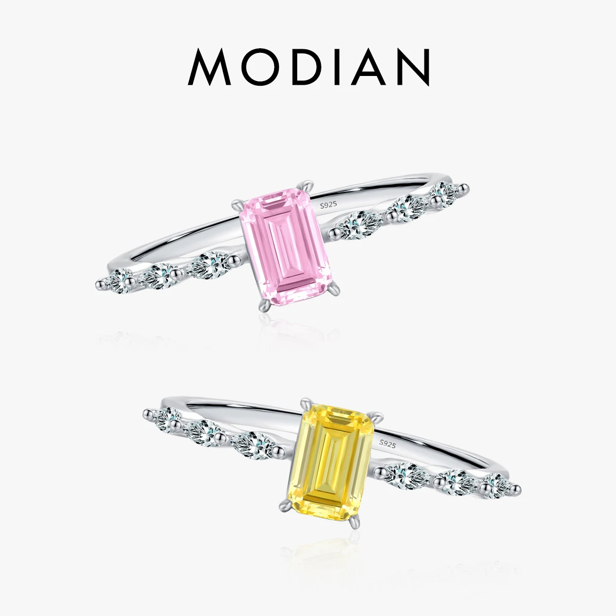 MODIAN Real 925 Sterling Silver Exquisite Sparkling Emerald Cut Pink Yellow Zirconia Ring per le donne Wedding Luxury Fine Jewelry