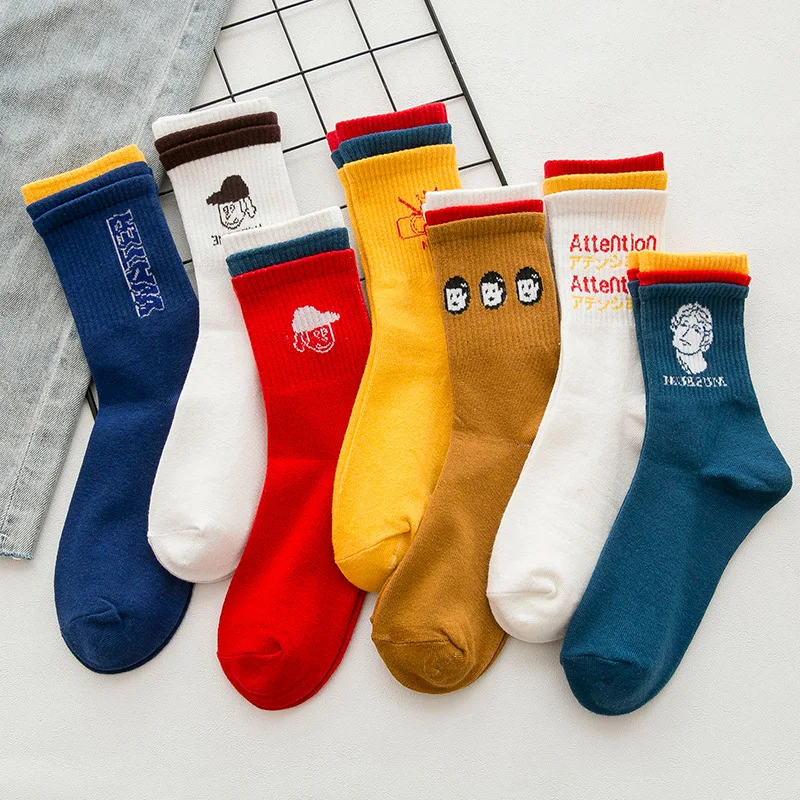 

Women Korean Fashion Street Hip Hop Middle Tube Cotton Socks Colorful Striped Personality Print Female Lovers Sport Trendy Socks