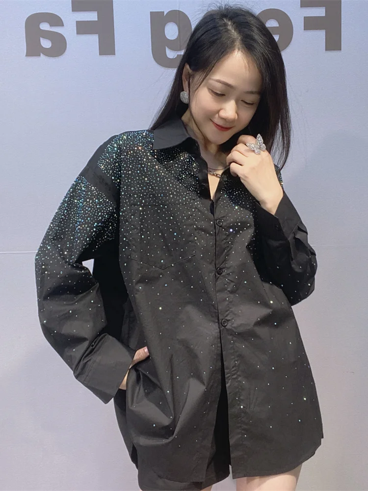 

Весенне-осенняя женская рубашка свободного кроя с длинными рукавами, украшенная стразами, из смесового хлопка, модная, универсальная, с отложным воротником.