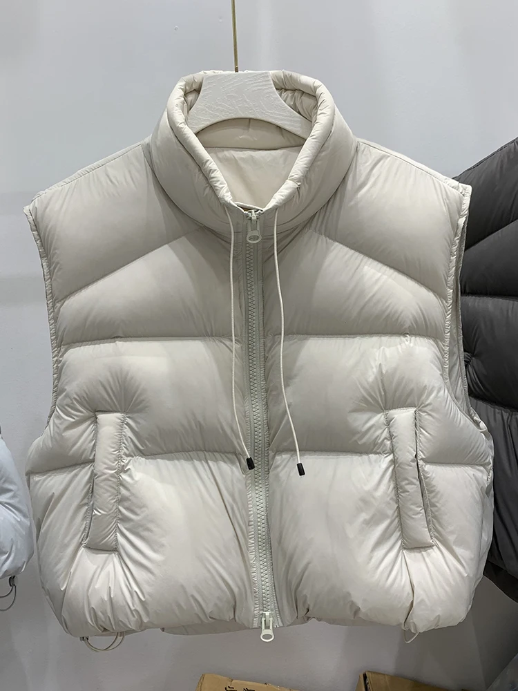 Autumn Winter Stand Collar Drawstring Down Vest Female Double Zipper Warm Waistcoats Women White Duck Down Sleeveless Puff Vests