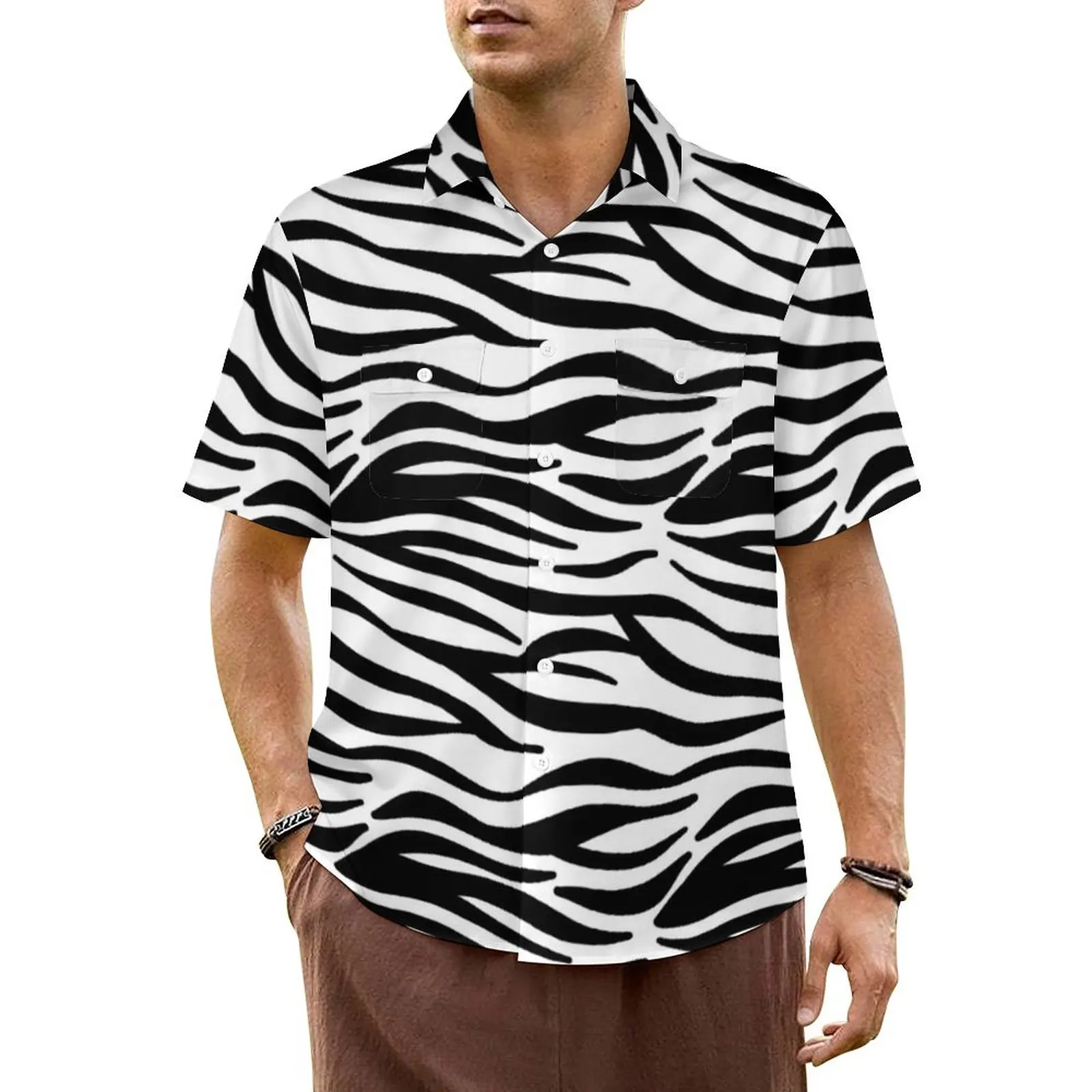 

Classic Zebra Vacation Shirt Men Black And White Stripes Vintage Casual Shirts Hawaiian Short-Sleeve Y2K Funny Oversize Blouses