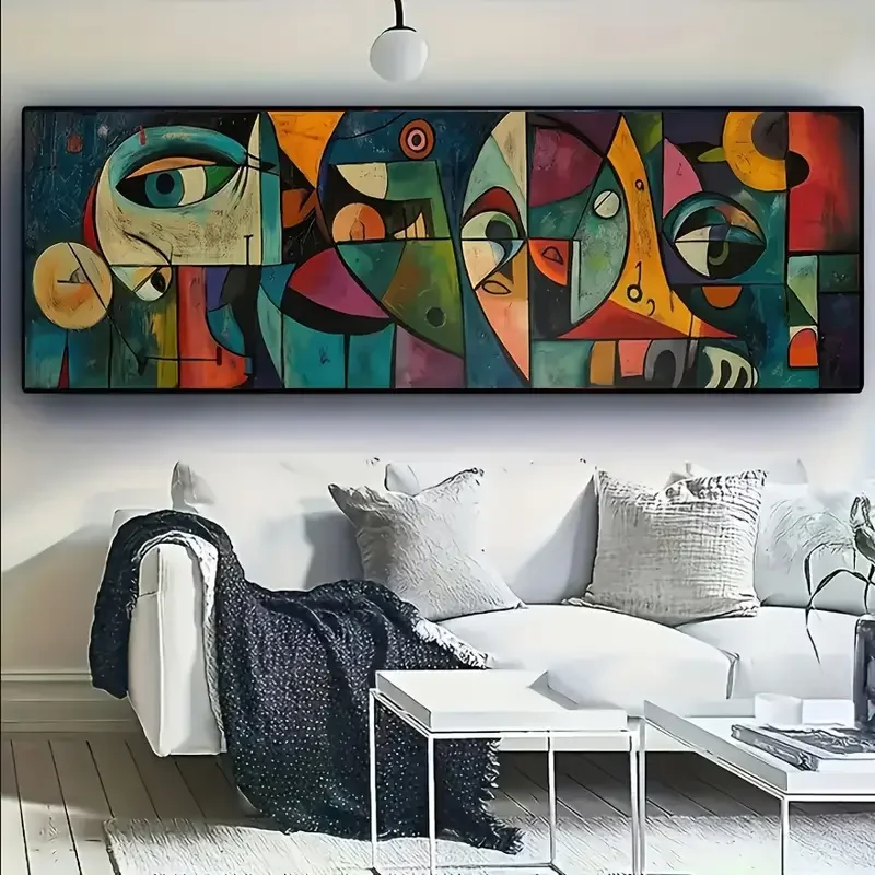 قطعة واحدة من طباعة قماشية بعيون هندسية تجريدية بدون إطار - فن جداري حديث نابض بالحياة مع خطوط جريئة وأشكال ملونة، مثالي للمنزل