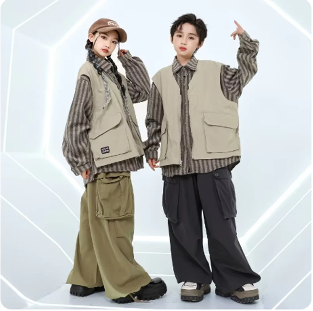 Kids Hip Hop Dance Costume Boy Street Dance Stage Outfit Girls Fashion Kpop Jazz Dancewear Khaki Stripe Shirt Oversize Pants yk view 3